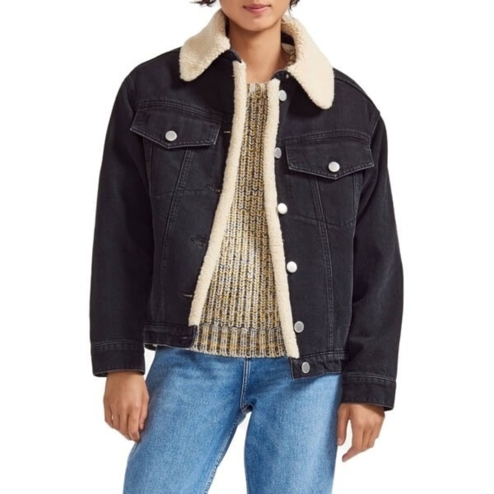 Maje 'Balta' Sherpa Lined Denim Trucker Jacket Size 36 Black Outdoor Layers